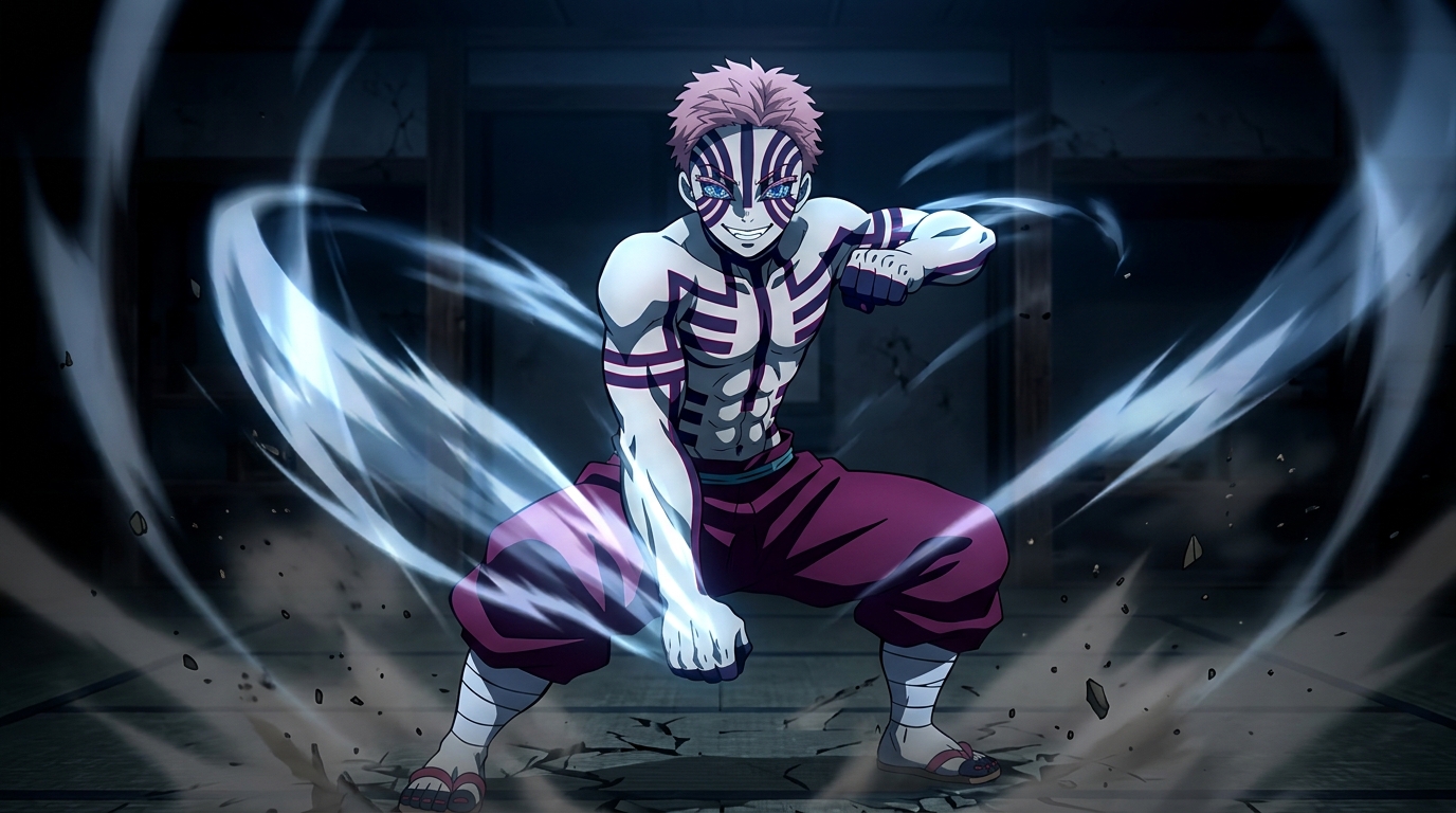 Akaza Lua Superior Três em postura de combate com tatuagens e Arte do Sangue em Demon Slayer