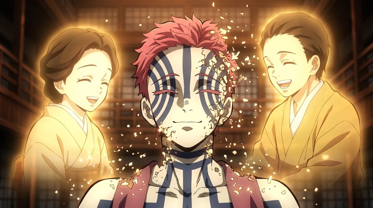 Akaza destruindo a própria cabeça voluntariamente vendo Koyuki e Keizo em Demon Slayer