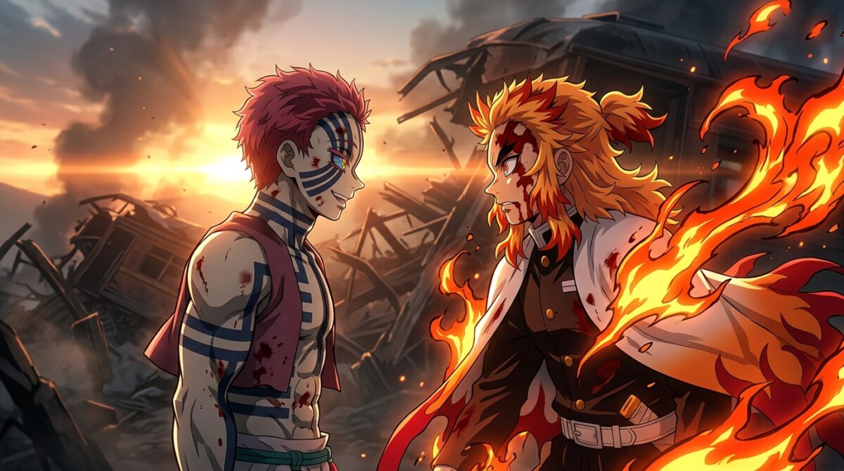 Akaza enfrentando Rengoku Hashira das Chamas no Trem Infinito em Demon Slayer