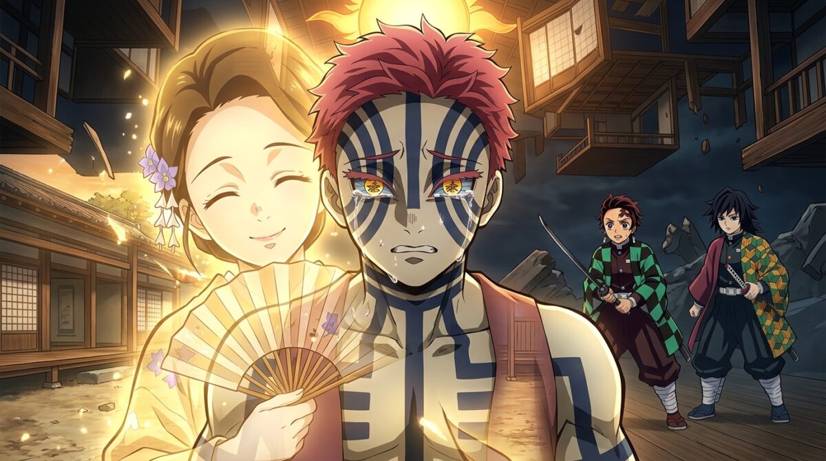 Akaza recuperando memórias de Koyuki durante batalha no Castelo Infinito em Demon Slayer