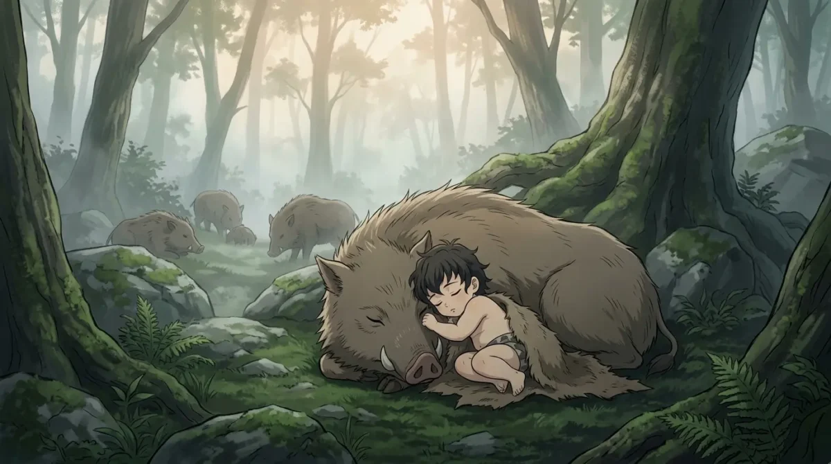 Bebê Inosuke sendo criado por javalis nas montanhas em Demon Slayer Kimetsu no Yaiba