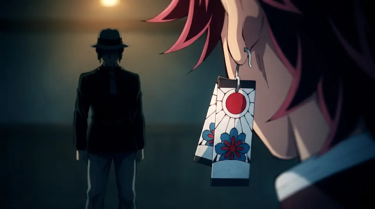 Brincos de Hanafuda de Tanjiro Kamado e a silhueta de Muzan Kibutsuji