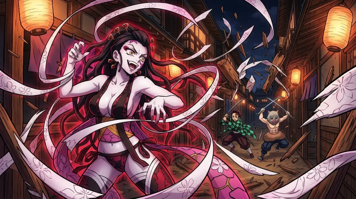 Daki usando faixas Obi para atacar múltiplos adversários em Demon Slayer