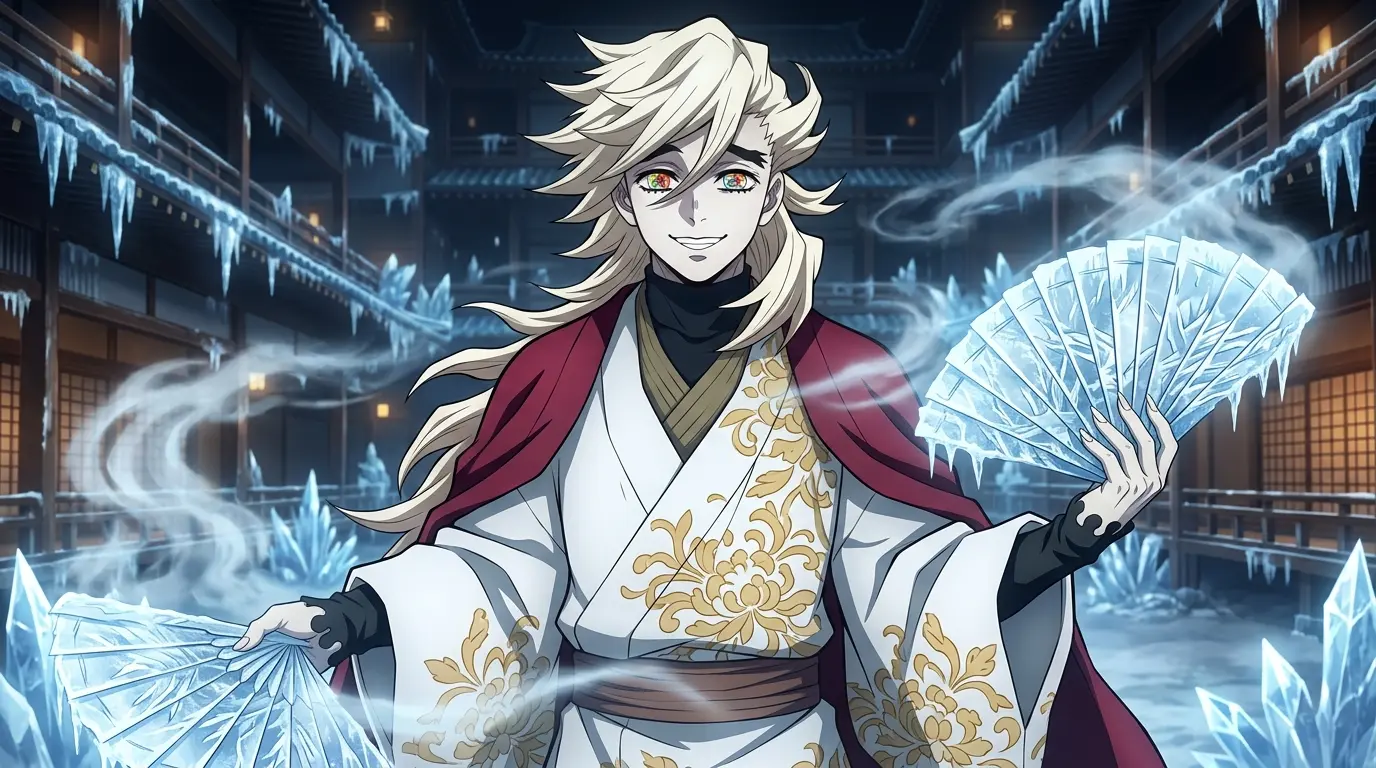 Doma Lua Superior Dois com leques de gelo e olhos multicoloridos em Demon Slayer