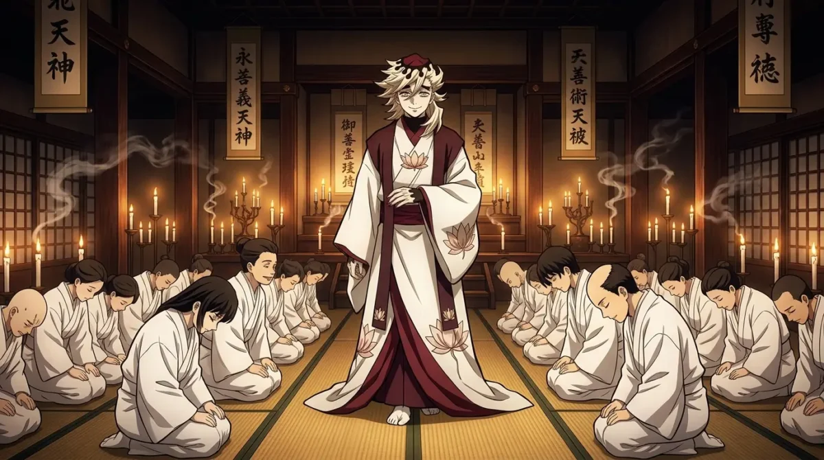 Doma liderando o Culto do Paraíso Eterno cercado de seguidores em Demon Slayer