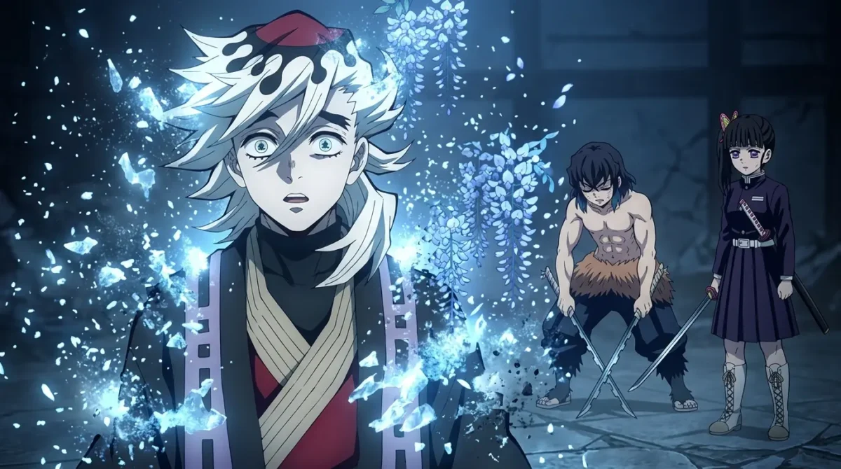 Doma se desintegrando com expressão de surpresa ao experienciar sentimentos em Demon Slayer