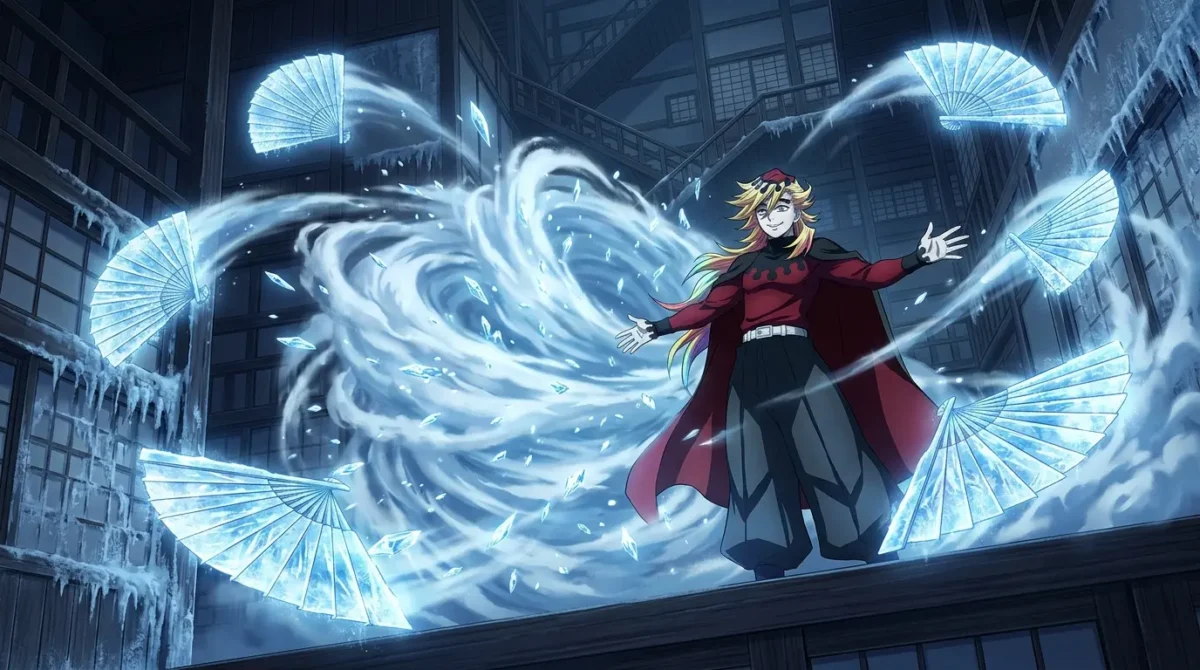 Doma usando Névoa de Gelo Dispersa com técnica de congelamento em Demon Slayer
