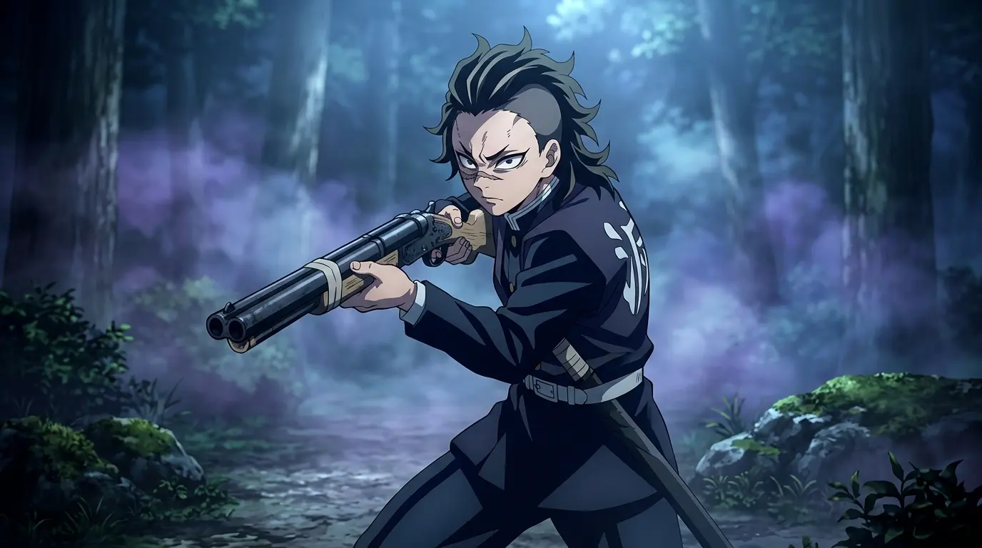 Genya Shinazugawa com espingarda Nichirin em posição de combate em Demon Slayer