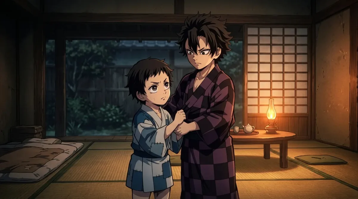 Genya Shinazugawa criança com Sanemi em cena de infância de Demon Slayer