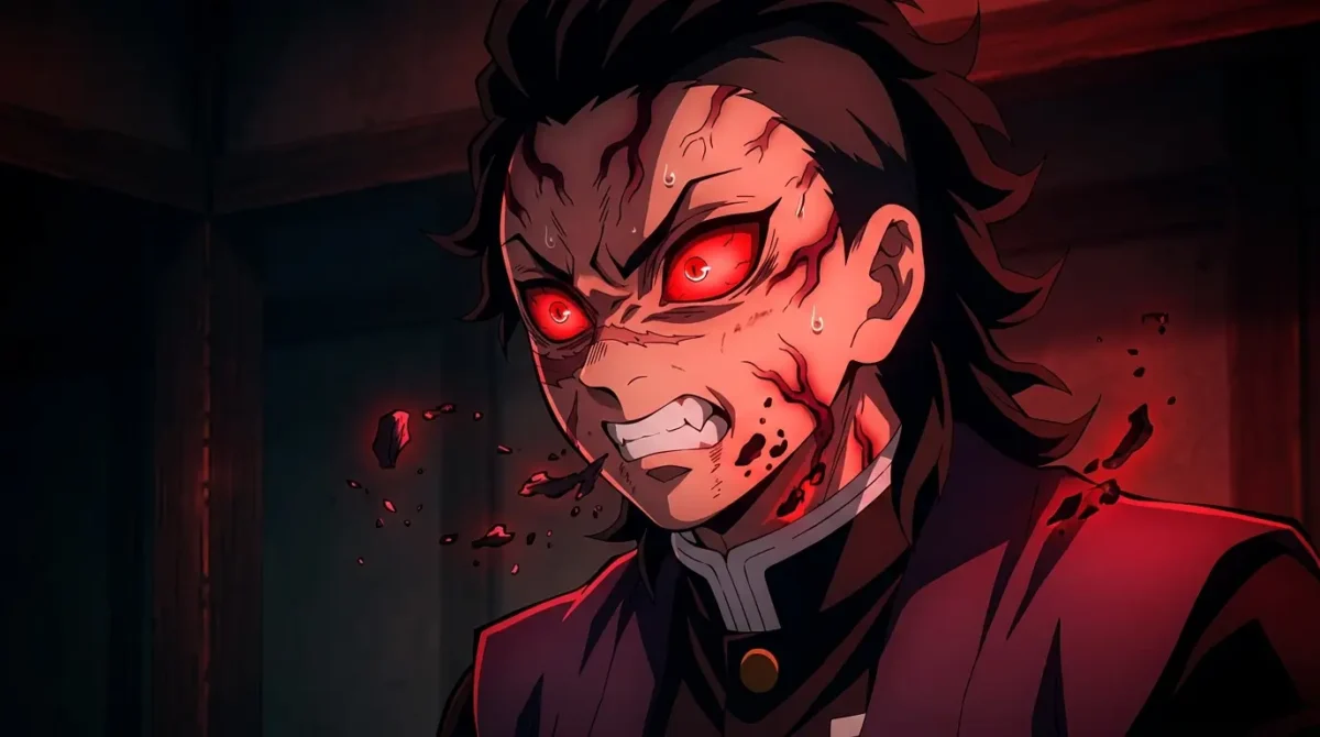 Genya Shinazugawa em transformação demoníaca consumindo carne de oni em Demon Slayer