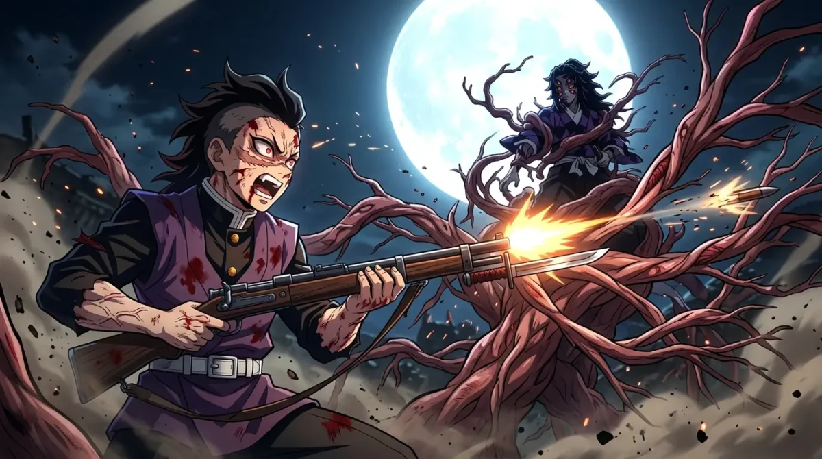 Genya Shinazugawa usando Arte do Sangue com árvores de carne contra Kokushibo em Demon Slayer