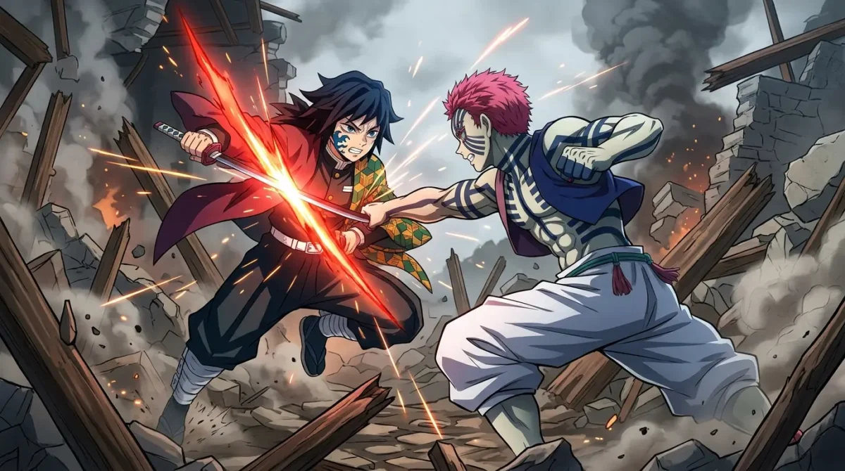 Giyu Tomioka com Marca do Caçador de Demônios lutando contra Akaza em Demon Slayer