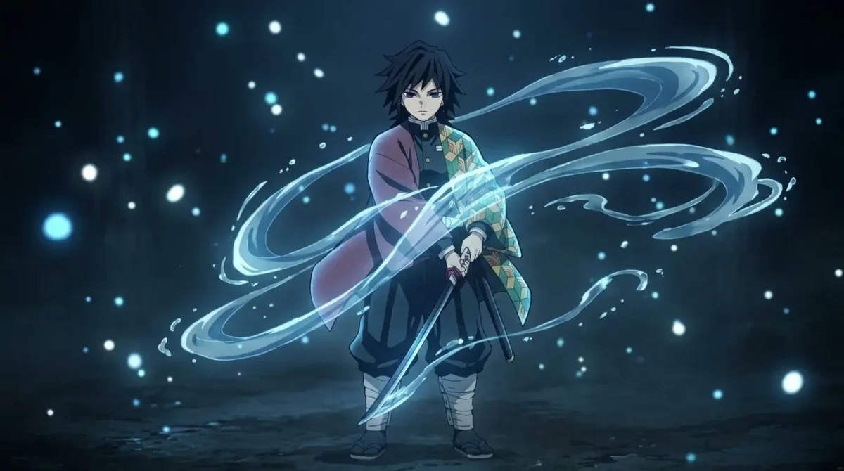 Giyu Tomioka executando a 11ª Forma Calmaria da Respiração da Água em Demon Slayer