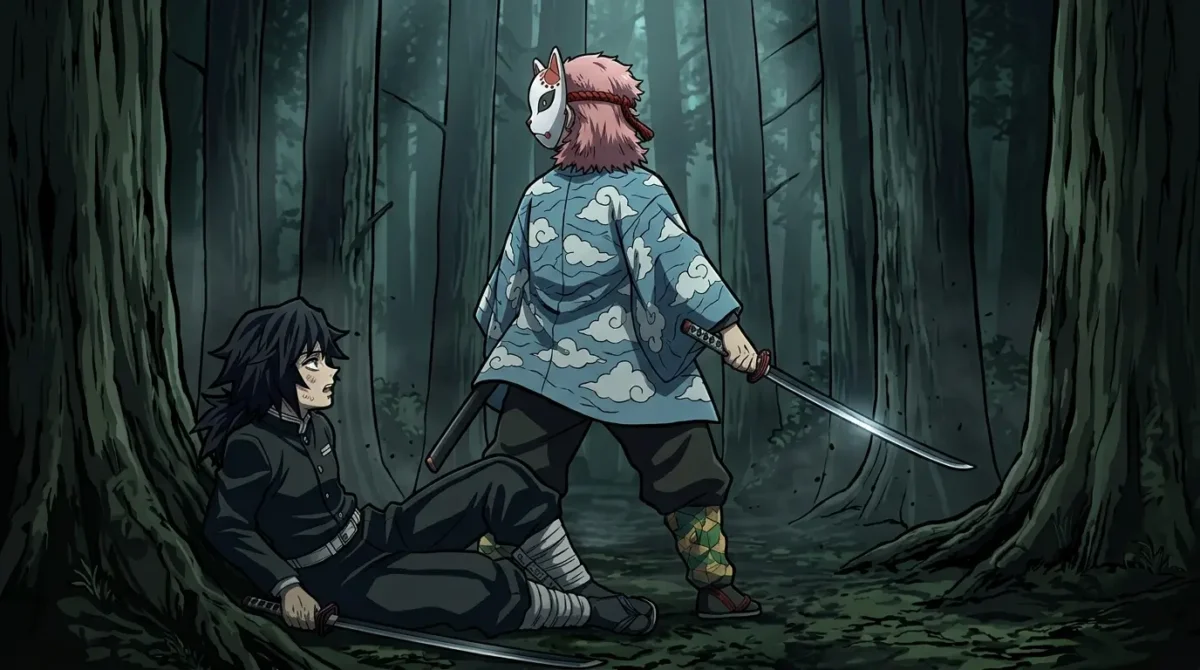 Giyu Tomioka jovem no Exame Final de Caçadores de Demônios ao lado de Sabito