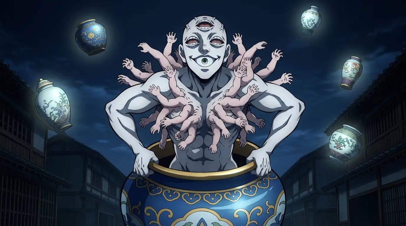 Gyokko Lua Superior Cinco emergindo de pote com rosto invertido em Demon Slayer