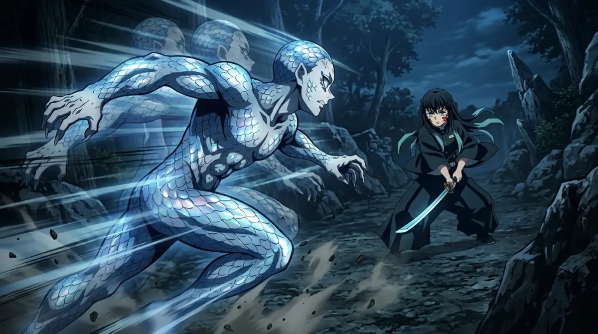 Gyokko forma verdadeira com escamas de peixe em velocidade máxima contra Muichiro em Demon Slayer