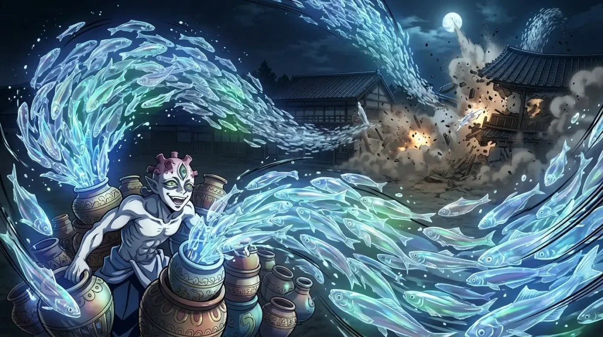 Gyokko lançando dez mil peixes-víscera de potes em Demon Slayer