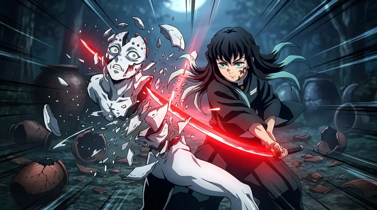 Gyokko sendo destruído em pedaços por Muichiro Tokito com Marca do Caçador em Demon Slayer