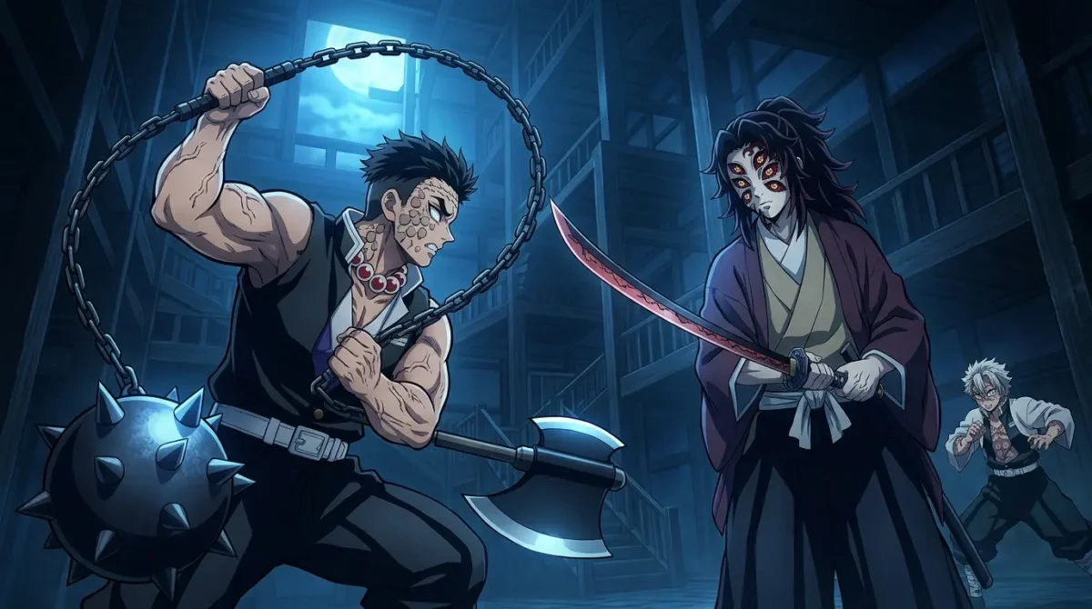 Gyomei Himejima com Marca do Caçador enfrentando Kokushibo Lua Superior 1 em Demon Slayer