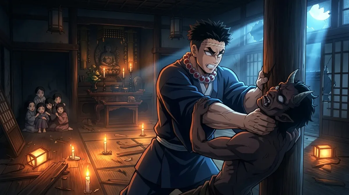 Gyomei Himejima matando oni com as mãos no templo budista em Demon Slayer