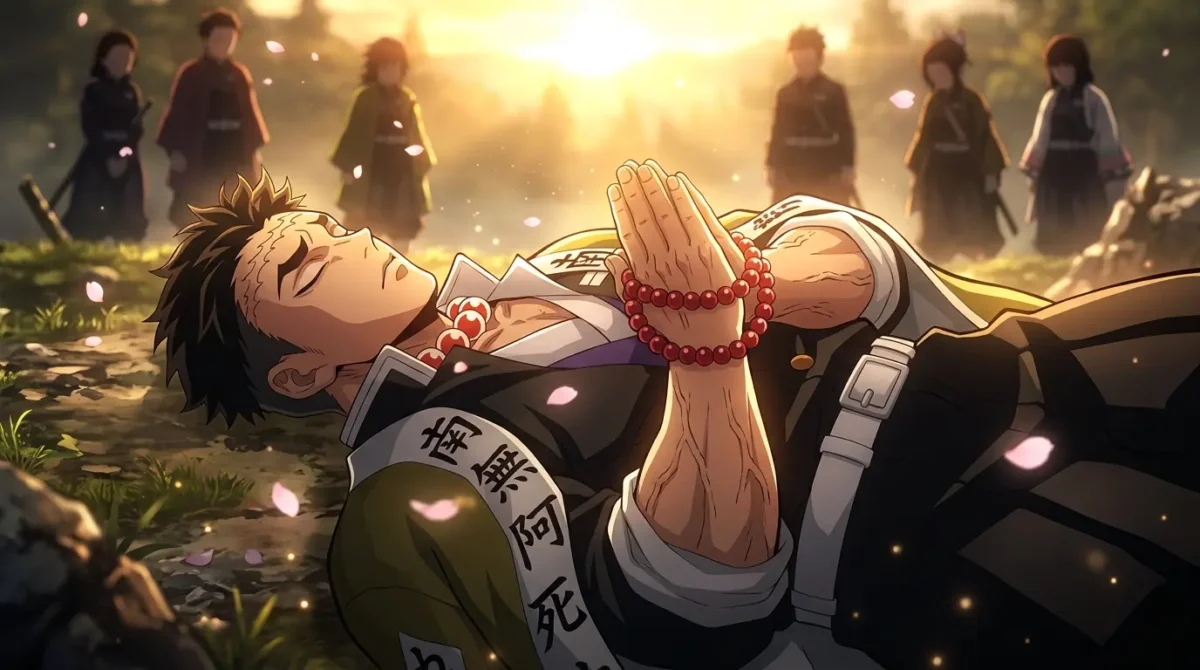 Gyomei Himejima morrendo em paz rezando com nascer do sol em Demon Slayer