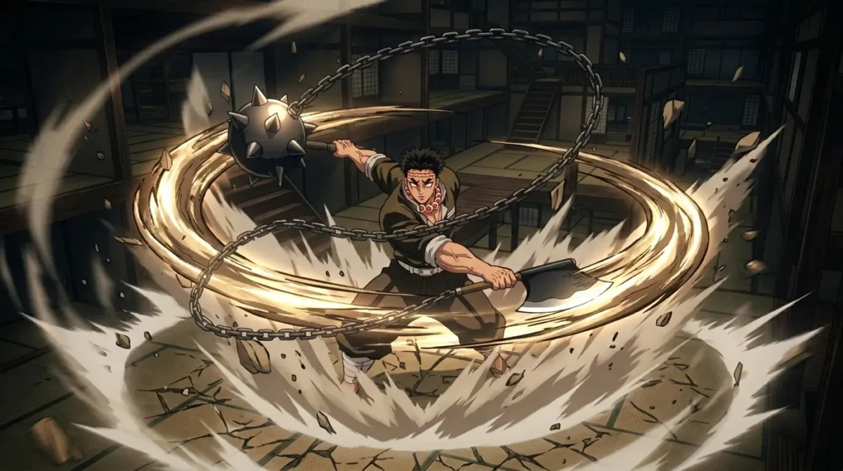 Gyomei Himejima usando Quinta Forma da Respiração da Pedra com ondas de choque em Demon Slayer