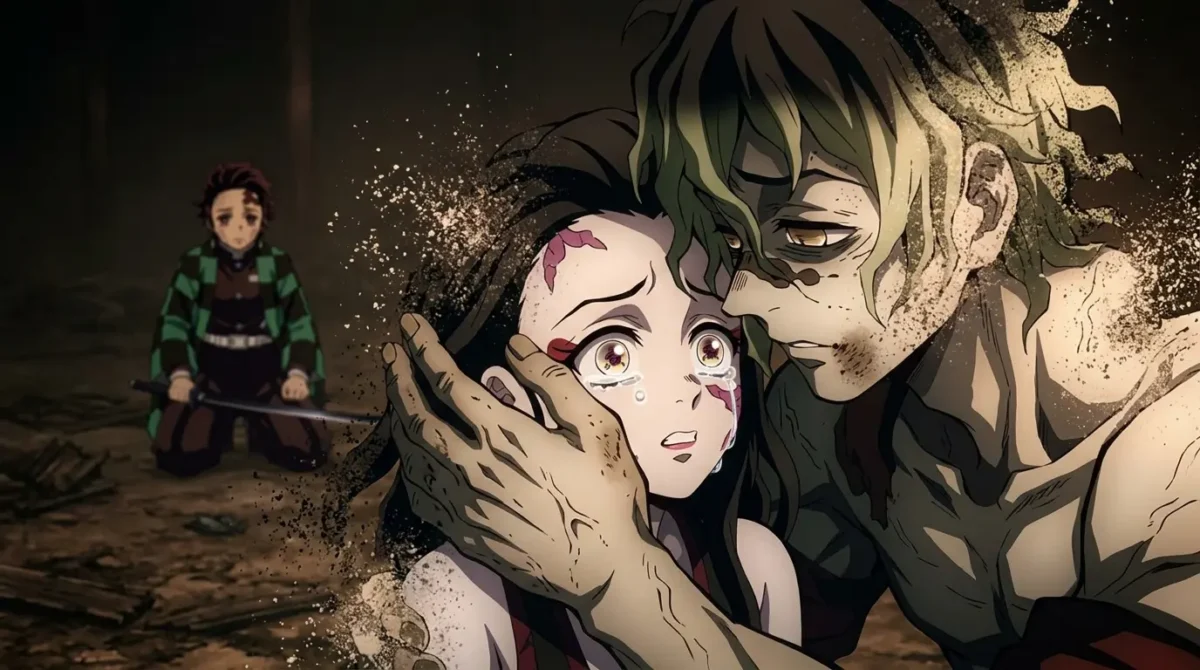 Gyutaro cobrindo o rosto de Daki com a mão no momento da desintegração em Demon Slayer