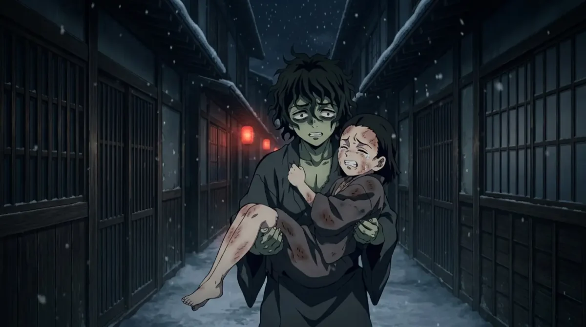 Gyutaro jovem carregando Ume queimada nos braços pelos becos do Distrito do Entretenimento em Demon Slayer