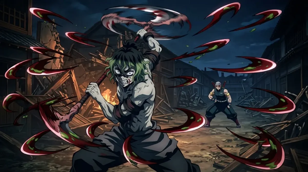 Gyutaro lançando lâminas giratórias de sangue venenoso em Demon Slayer