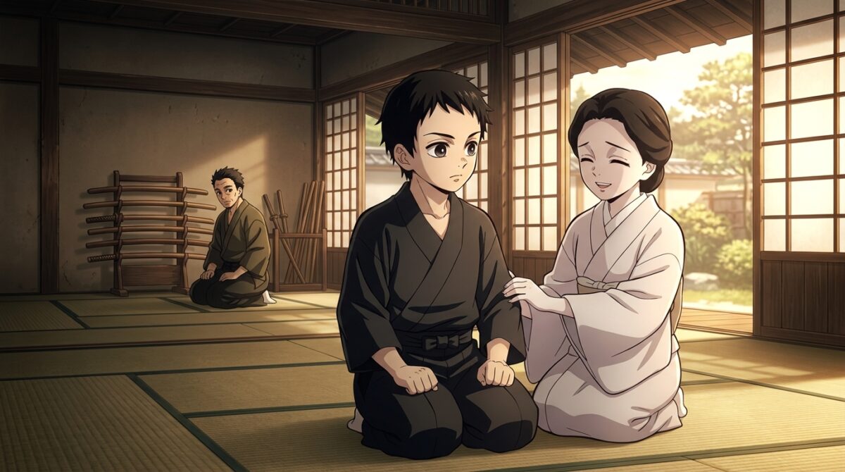 Hakuji jovem no dojo de Keizo com Koyuki em Demon Slayer