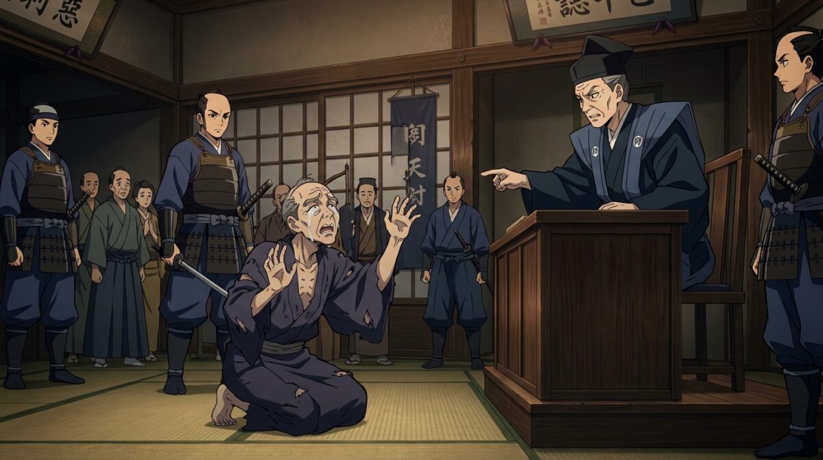 Hantengu humano sendo sentenciado por magistrado negando crimes em Demon Slayer