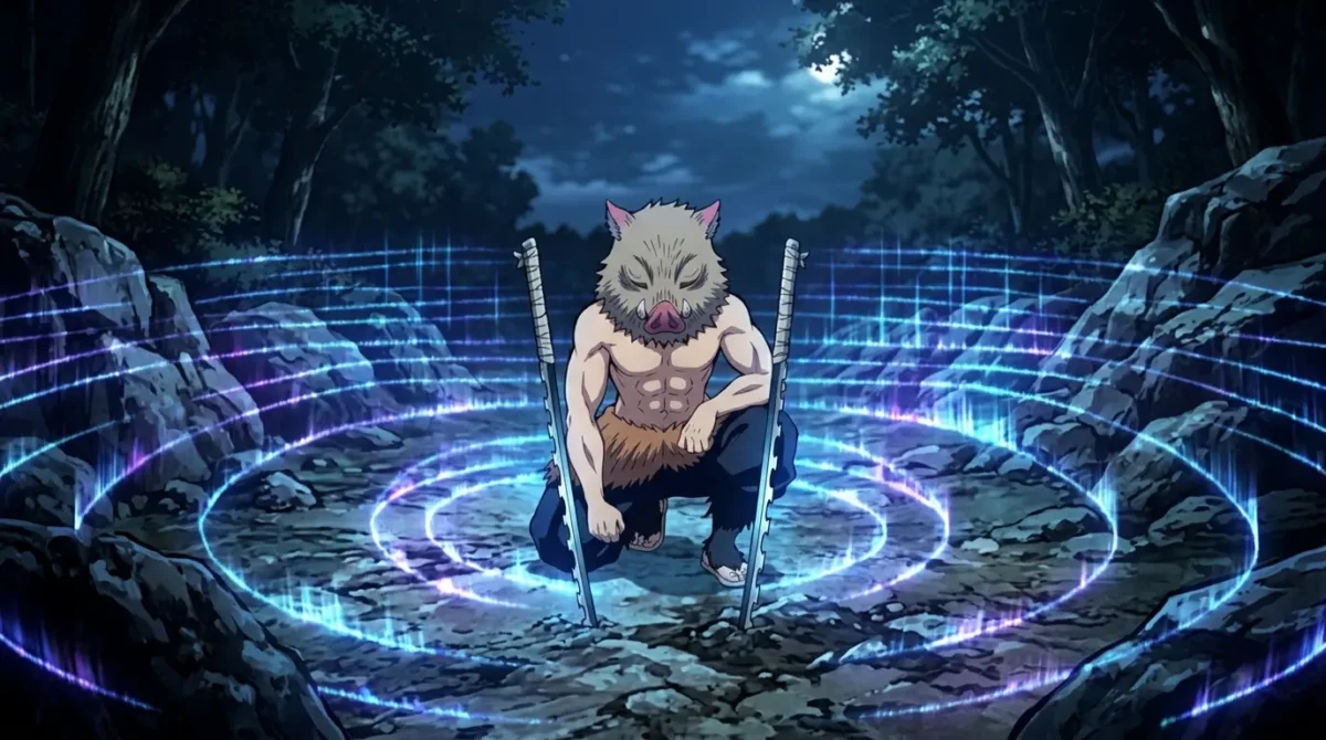Inosuke usando a 7ª Forma da Respiração da Besta — Consciência Espacial — em Demon Slayer