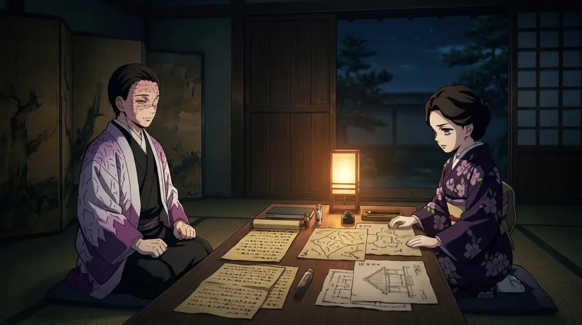 Kagaya Ubuyashiki em encontro secreto com Tamayo planejando estratégia contra Muzan em Demon Slayer