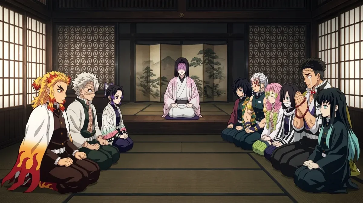 Kagaya Ubuyashiki presidindo reunião dos Hashiras em Demon Slayer
