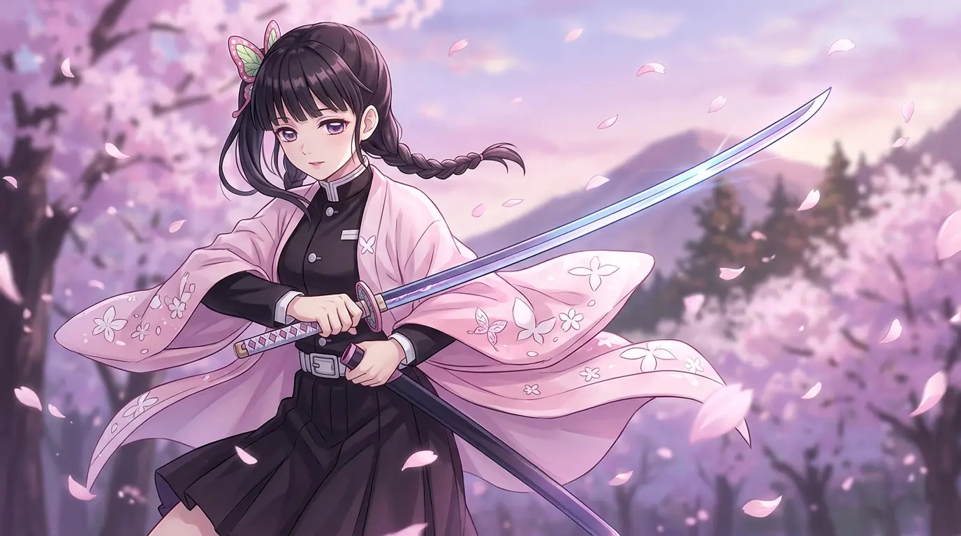 Kanao Tsuyuri com espada Nichirin em posição de combate em Demon Slayer