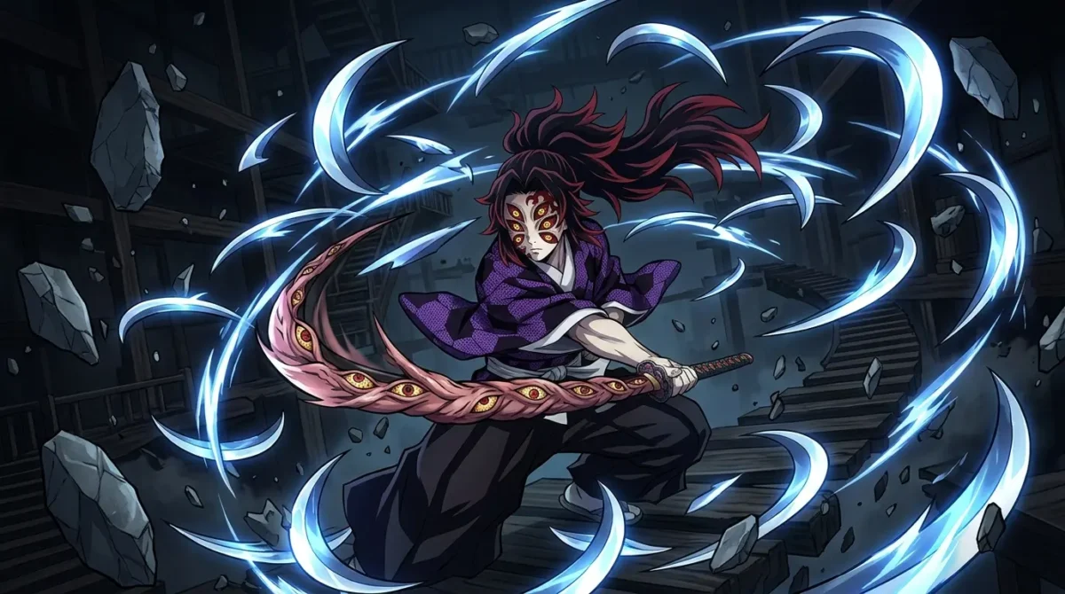 Kokushibo usando Respiração da Lua com dezenas de lâminas crescentes em Demon Slayer