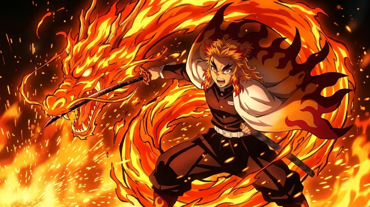 Kyojuro Rengoku ativando Nona Forma Purgatório com dragão de fogo Demon Slayer