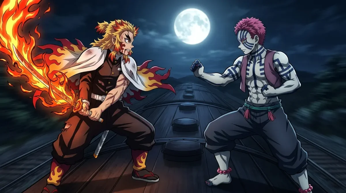 Kyojuro Rengoku enfrentando Akaza Lua Superior 3 no Trem Infinito Demon Slayer