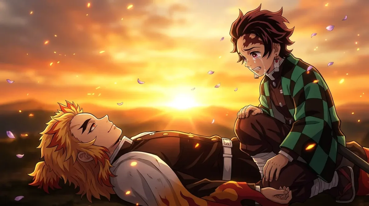 Kyojuro Rengoku morrendo ao nascer do sol sorrindo em Demon Slayer