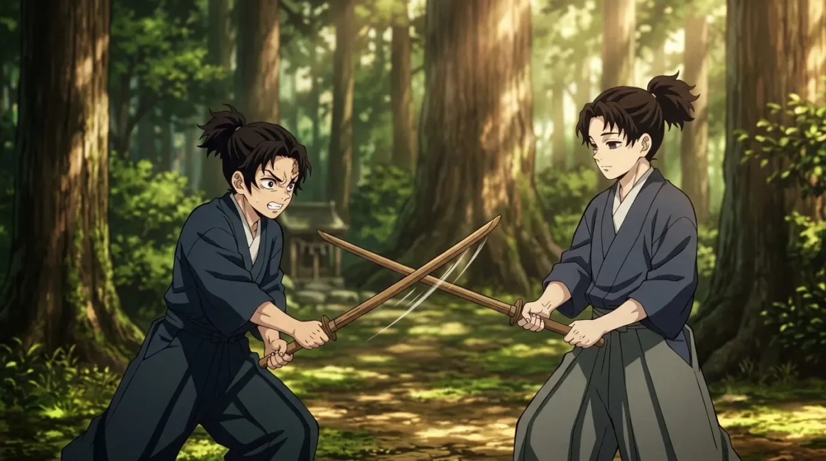 Michikatsu Tsugikuni e Yoriichi Tsugikuni gêmeos treinando esgrima no Período Sengoku em Demon Slayer