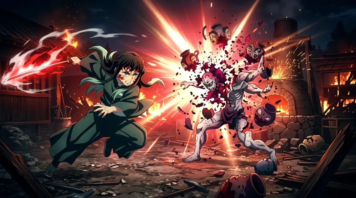 Muichiro Tokito com Marca do Caçador derrotando Gyokko Lua Superior 5 em Demon Slayer