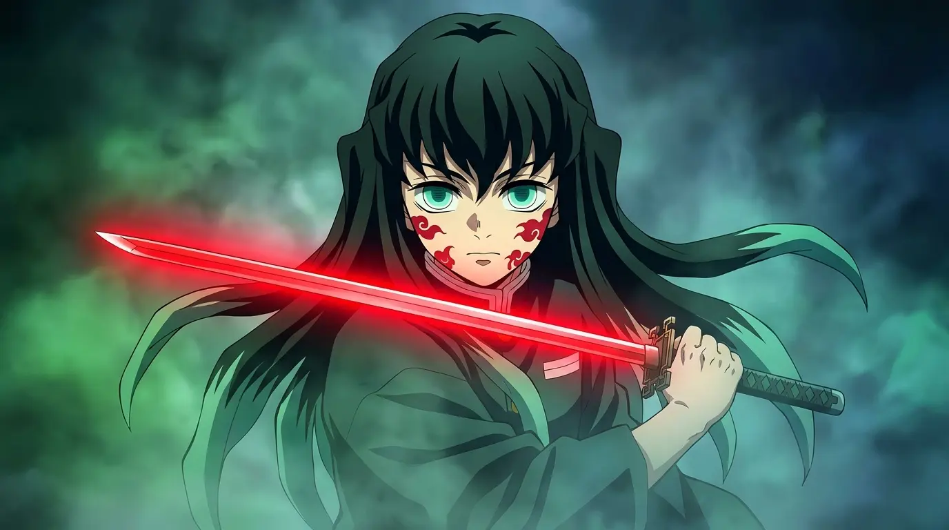 Muichiro Tokito com katana Nichirin vermelha e Marca do Caçador no rosto em Demon Slayer