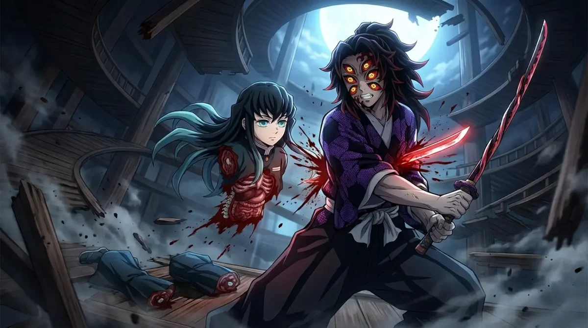 Muichiro Tokito partido ao meio continuando a lutar contra Kokushibo em Demon Slayer