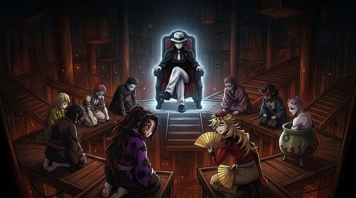 Muzan Kibutsuji diante das Luas Superiores em reunião das Luas em Demon Slayer