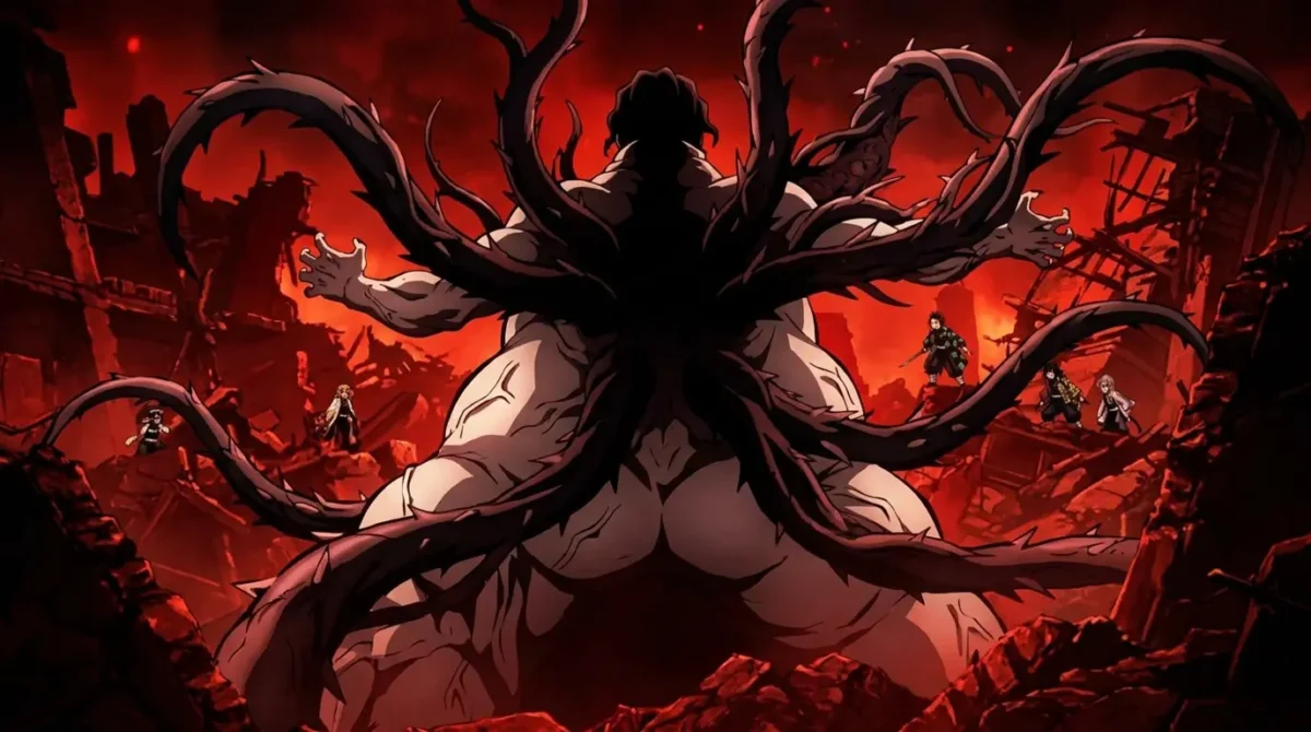 Muzan Kibutsuji forma final monstruosa com tentáculos na batalha final de Demon Slayer