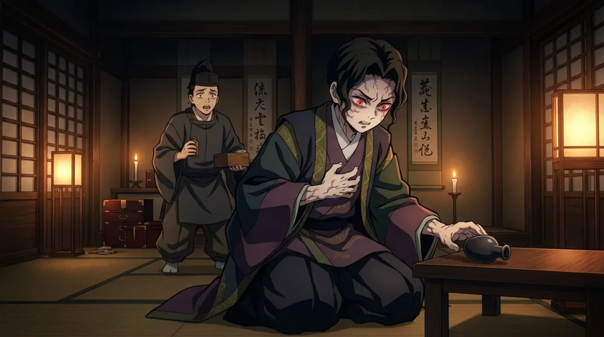 Muzan Kibutsuji na Era Heian sendo transformado em oni pelo remédio experimental em Demon Slayer