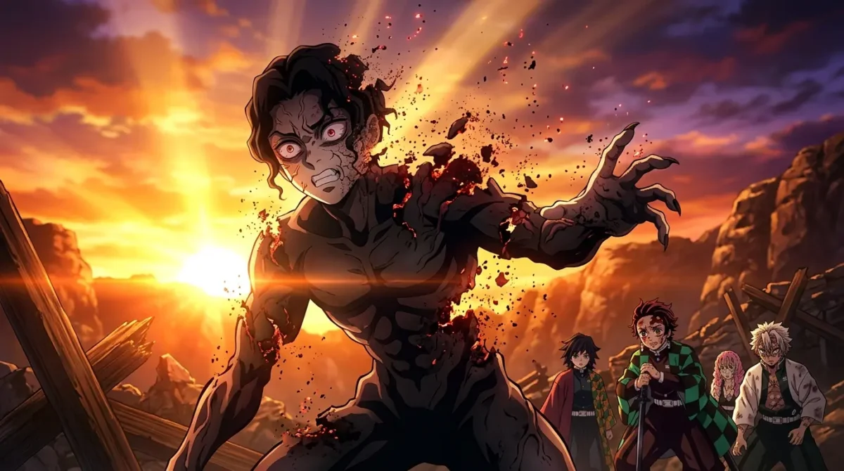 Muzan Kibutsuji se desintegrando ao nascer do sol na batalha final de Demon Slayer