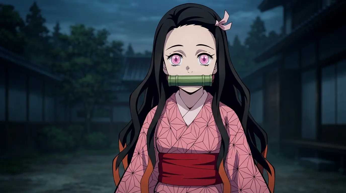 Nezuko Kamado em sua forma oni com focinho de bambu e quimono rosa em Demon Slayer