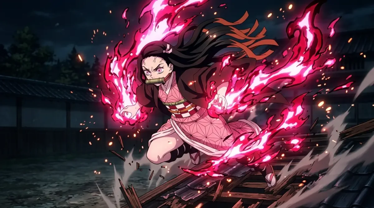 Nezuko Kamado: Tudo sobre a Oni que Protege Humanos de Demon Slayer 4 Nezuko Kamado usando poder de Sangue Explosivo com chamas rosadas em Demon Slayer