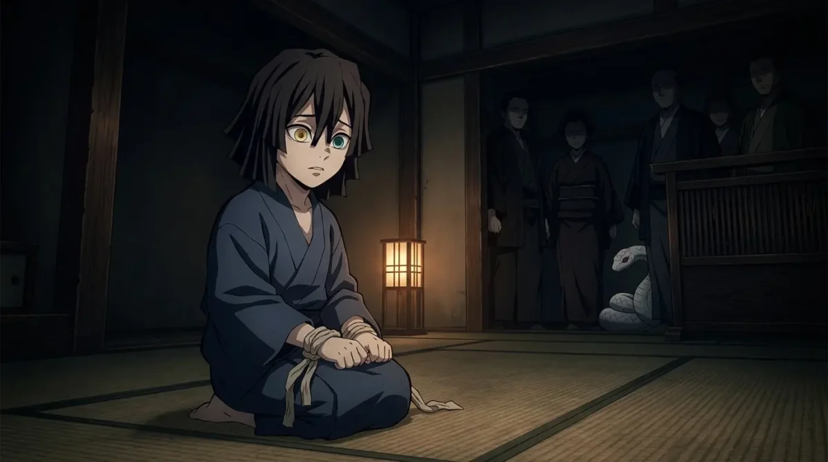 Obanai Iguro criança no clã Iguro sendo preparado como sacrifício para oni em Demon Slayer